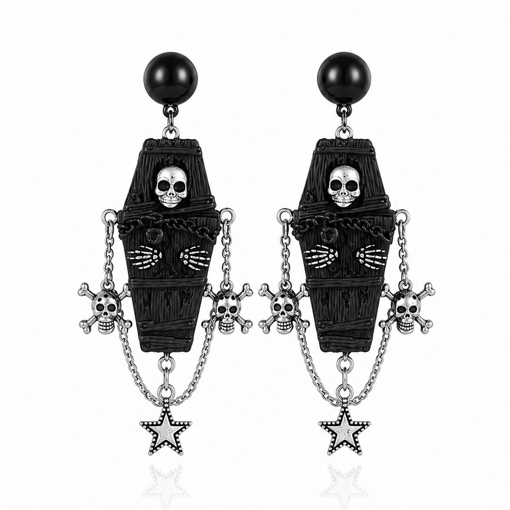 Black Coffin & Skull Dangle Earrings - Gothic Statement Jewelry